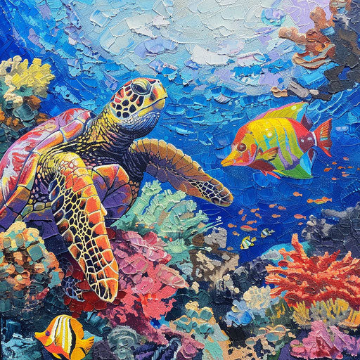 Underwater chase of a hawksbill turtle and a colorful parrotfish