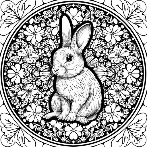 Detailed mandala with an Easter bunny in the center, surrounded by intricate floral patterns. Coloring book page