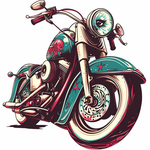 Retro motorcycle tattoo design with 1950s art elements and muted colors on white background.