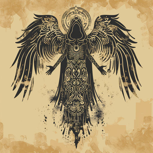 Tribal tattoo sketch of the angel of death with native patterns, in black and earthy tones