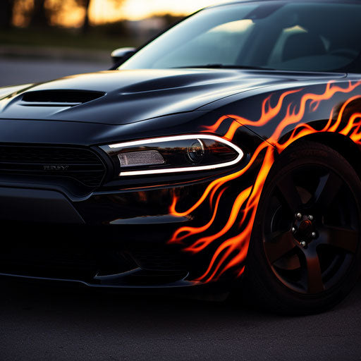 Flame decals on a Dodge Charger Hellcat