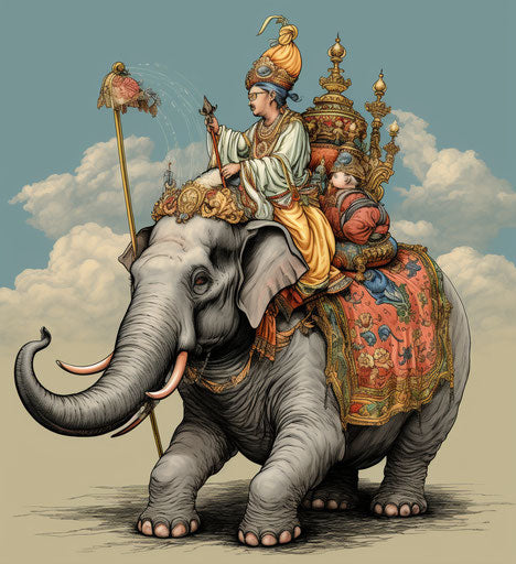 Buddha on elephant, editorial cartoon style
