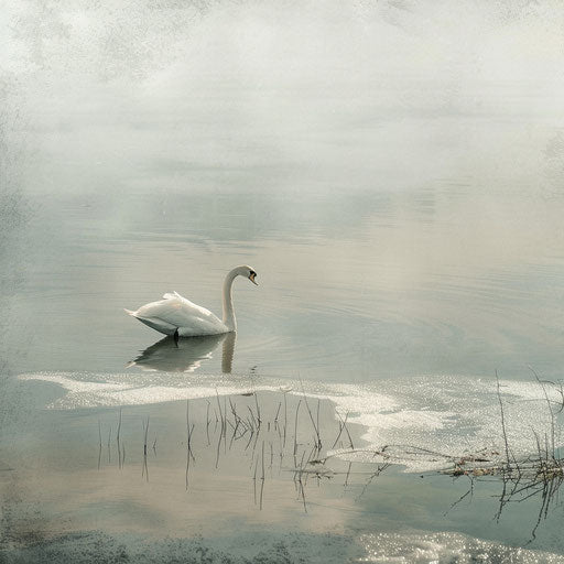 Swan on a misty lake in early spring with melting ice
