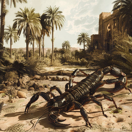 Scorpion in an oasis with palm trees in the background