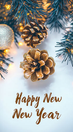 Golden pine cones and Christmas ornaments on white background