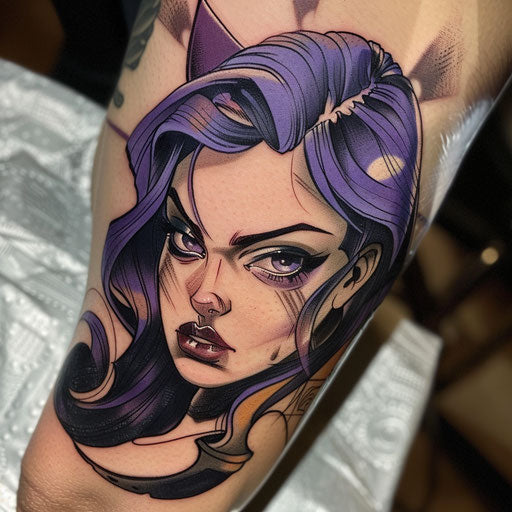 Lilac retro comic book style tattoo on white canvas