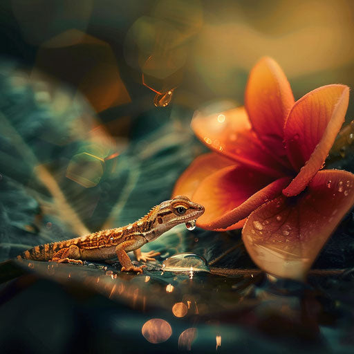 Lizard drinking from a water droplet on a leaf