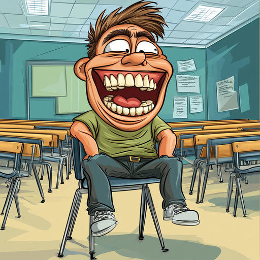 Humorous caricature of a classroom with exaggerated human traits