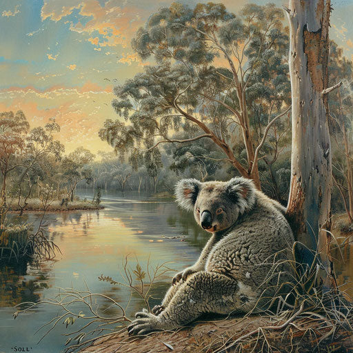 Koala bear by a tranquil riverbank