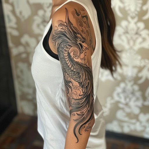 Arm tattoos for women in the style of David Palumbo with a mythical phoenix rising from ashes
