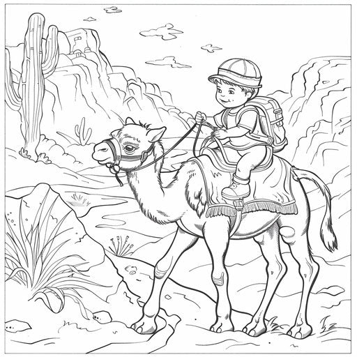 A camel and a little boy playing together in the desert