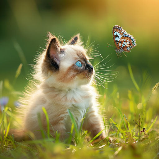 Himalayan kitten playing with a butterfly in a sunny garden