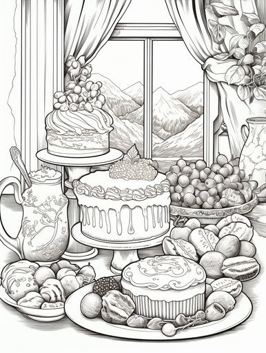 Coloring page of a captivating dessert in dramatic style
