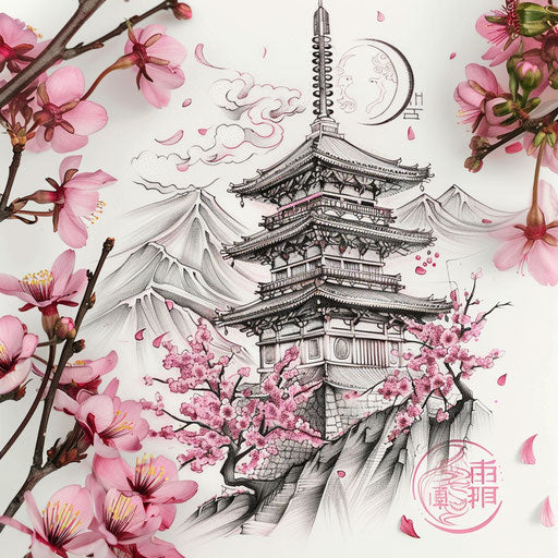 Flat tattoo sketch of sakura blooms framed by classic Japanese architecture