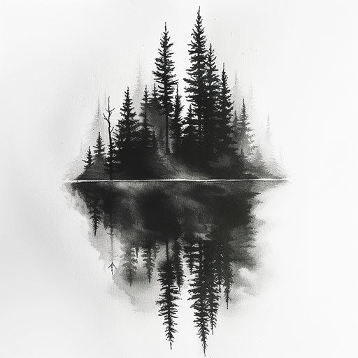 Black and grey forest tattoo design with serene lake