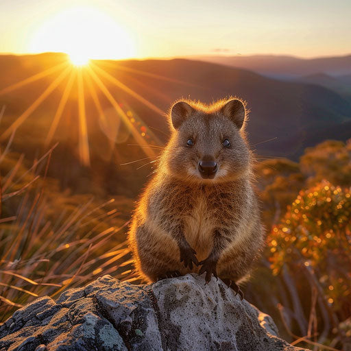 A quokka basking in the golden light of sunrise atop a serene mountain vista