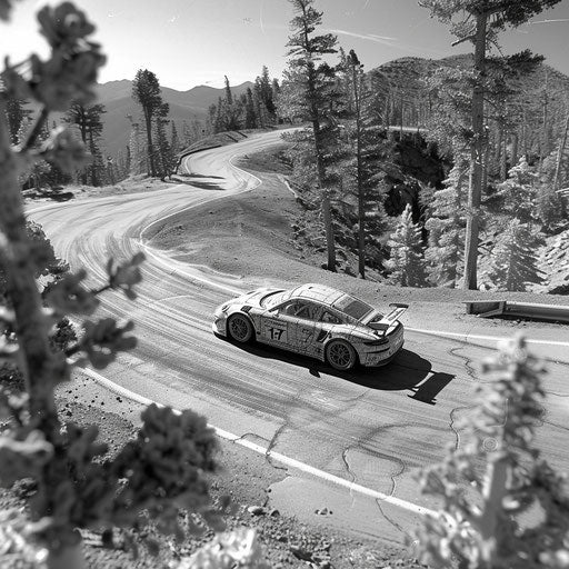 Porsche GT3 Cup racing car at Pikes Peak hairpin turn