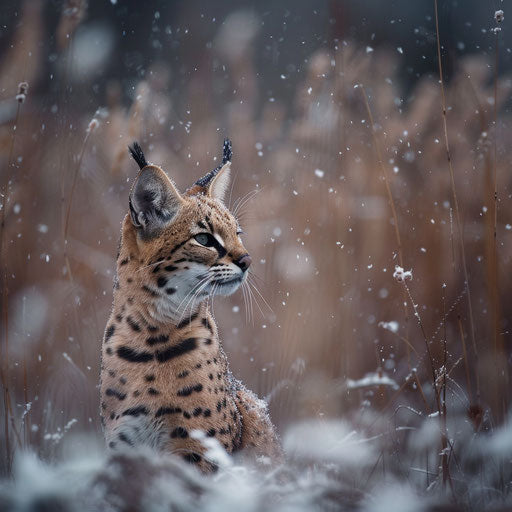 A serval cat in a field during snowfall
