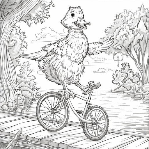 Comical duck on unicycle in a park