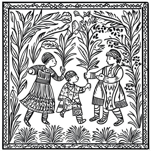 Charming Palm Sunday illustration in the style of Jan Brett, coloring book page