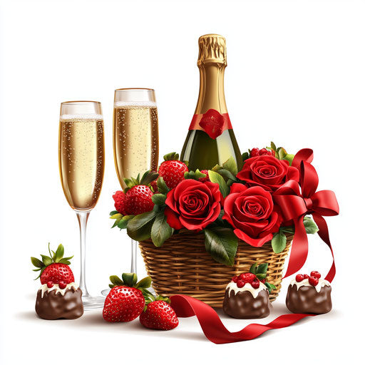 Red roses, champagne bottle, strawberries - red and white clip art