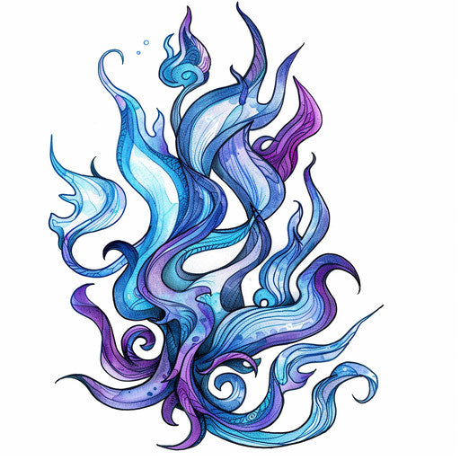 Intricate flame tattoo design with blue and purple flames