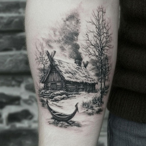 Viking tattoos for men with Viking house in snowy landscape