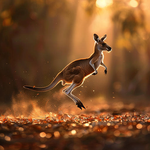 Red kangaroo leaping over a dry riverbed with soft lighting