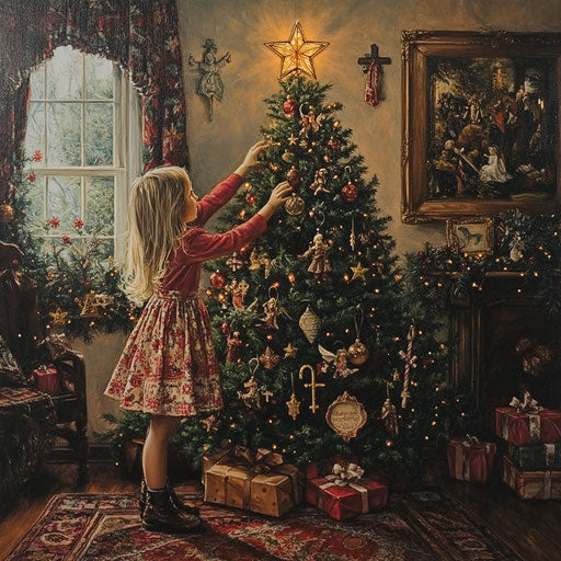 Young girl placing star on family Christmas tree
