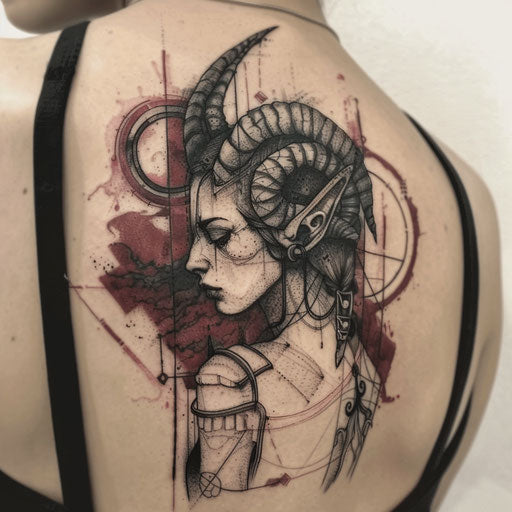 Mythological patchwork tattoo in the style of Gerald Brom