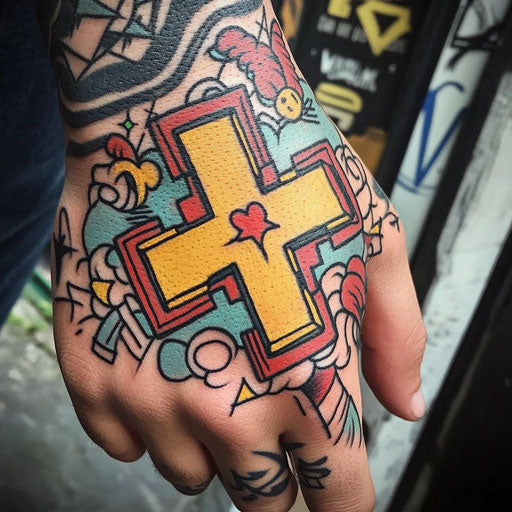 Cross tattoo on hand with comic book style graphics