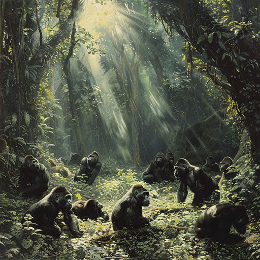 Western lowland gorillas in forest with sunlight beam