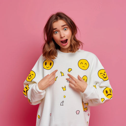 Woman in white sweatshirt with yellow smiley face patterns