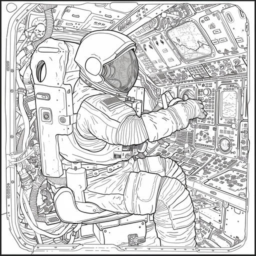 Astronaut inside space station, controls, equipment