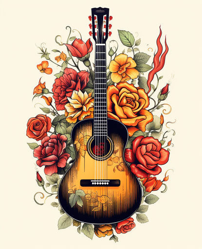Acoustic guitar with roses and sun, naïve style
