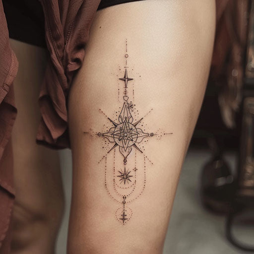 Zen-like flat tattoo sketch of the North Star with balance symbols and serene earthy colors