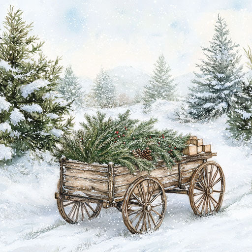 Winter scene with old wooden wagon, evergreen branches, snow