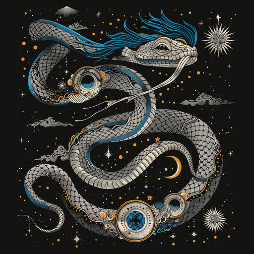 Surreal flat tattoo sketch of a serpent with celestial patterns, mystical blues and silvers, clipart style