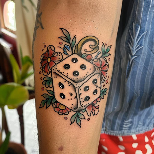 Dice tattoo with sailor motifs, in the style of Sailor Jerry