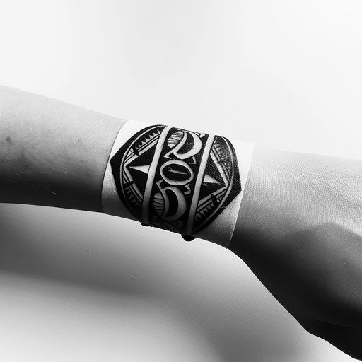 Stylized sketch of a wrist band tattoo with tribal motifs and bold lines