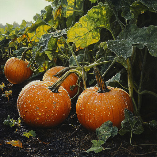 Pumpkin vine on rich soil, dew-kissed pumpkins in morning light