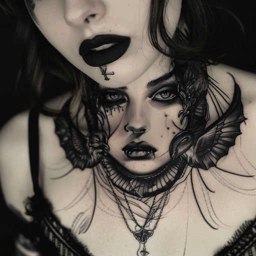 Dark and gothic chest tattoo for women