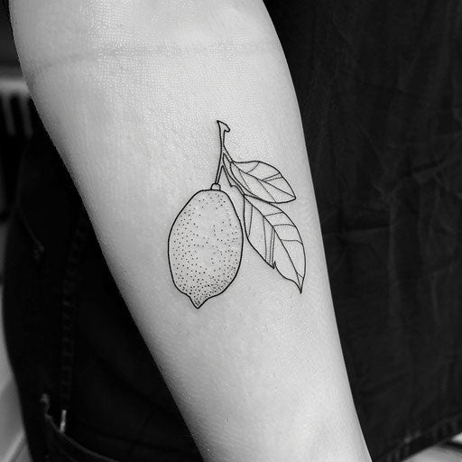Minimalist flat tattoo sketch of a whole lemon with a sleek geometric outline