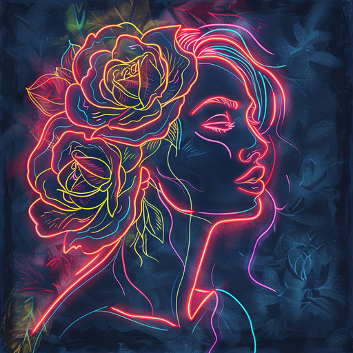 Modern flat tattoo sketch of a gypsy rose with digital neon outline effects