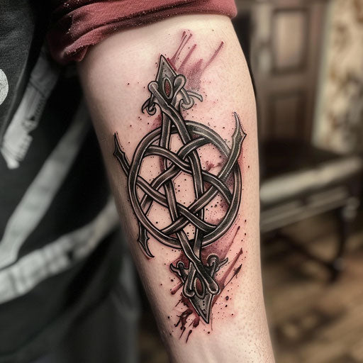 Celtic knot tattoo in Gothic style, rich dark colors on white background