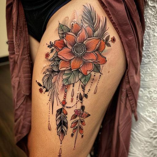 Boho wildflowers in tattoo, feathers and beads, earthy hues, free-spirited feel