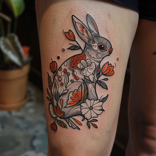 Flat rustic sketch of a bunny, adorned with folk art patterns in earth tones