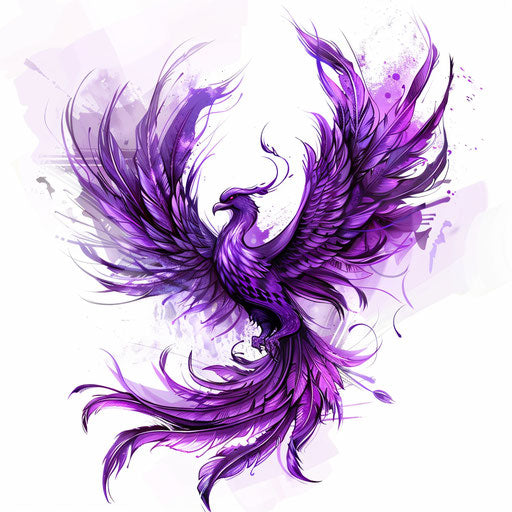 Violet phoenix rising, tattoo style, on white background