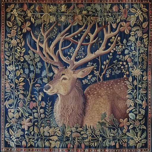 An elk in the middle of a medieval tapestry scene