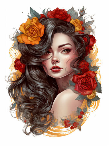 Vintage tattooed girl in red shirt, black and white drawing